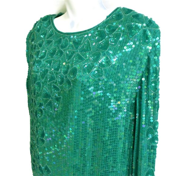SiLK Vintage SWEE LO 80s Top Full Floral Sequin Disco Silk Emerald Green XXL - Picture 2 of 12